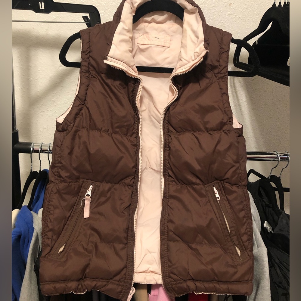 reversible pink and brown puffer vest
